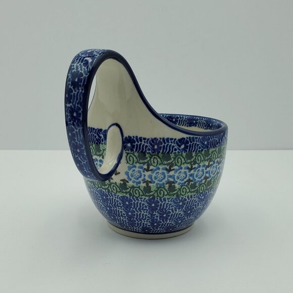 Polish Pottery Loop Handle Bowl Blue Flowers Green Ivy Handled Soup Chili Mug - Picture 4 of 8